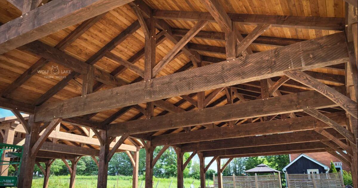Large timber frame event structure interior.